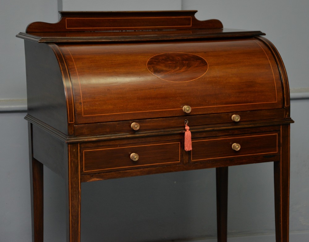 Edwardian Sheraton Revival Mahogany Cylinder Roll Top Desk View XVI