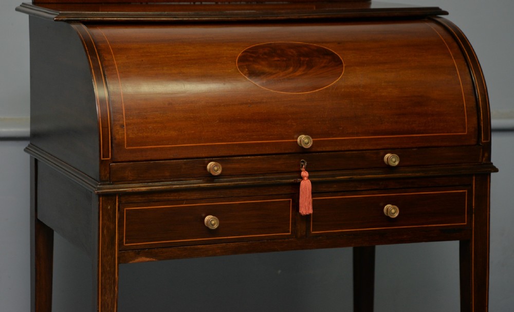 Edwardian Sheraton Revival Mahogany Cylinder Roll Top Desk View XVII
