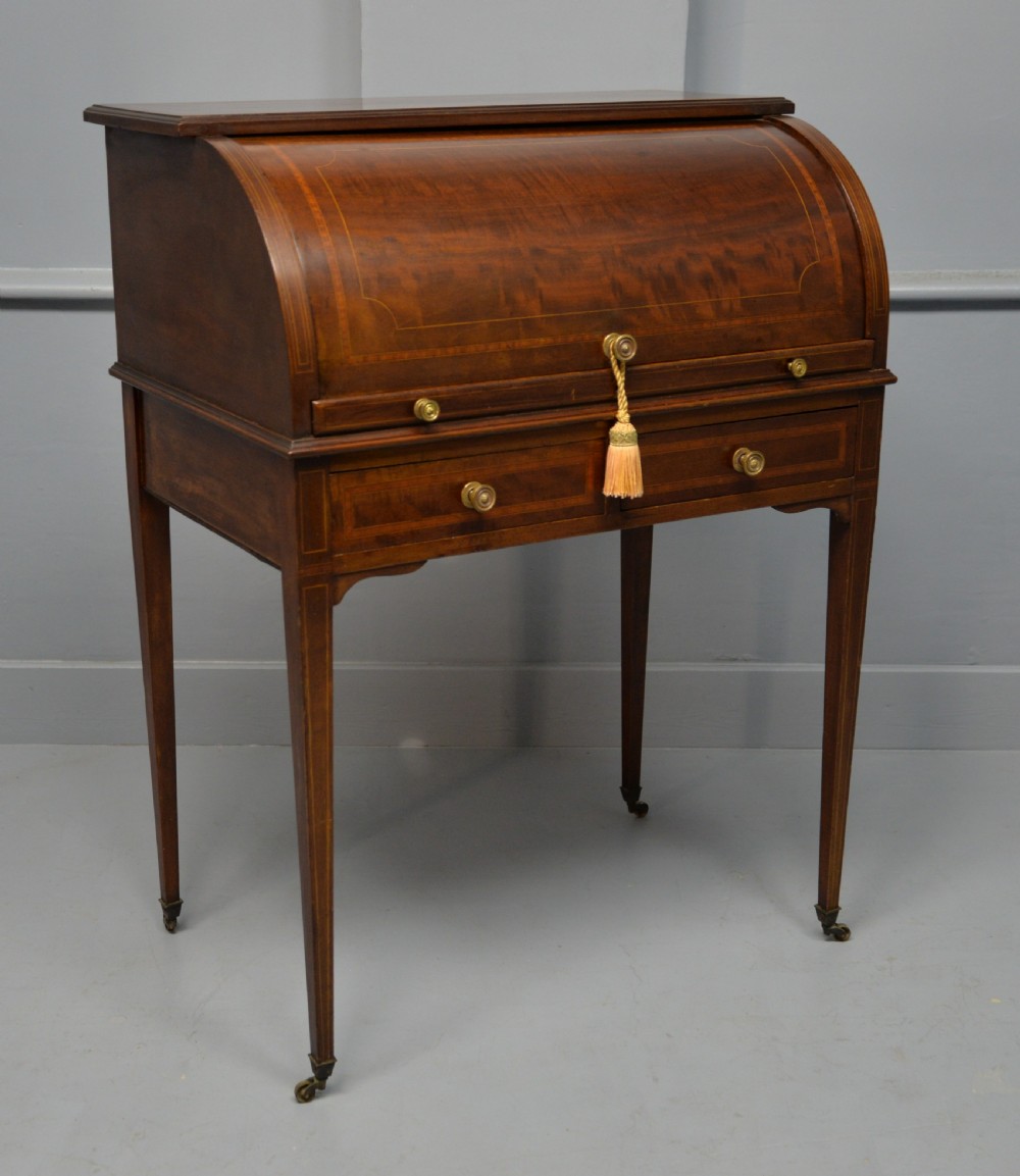 Edwardian Sheraton Revival Mahogany Cylinder Roll Top Desk