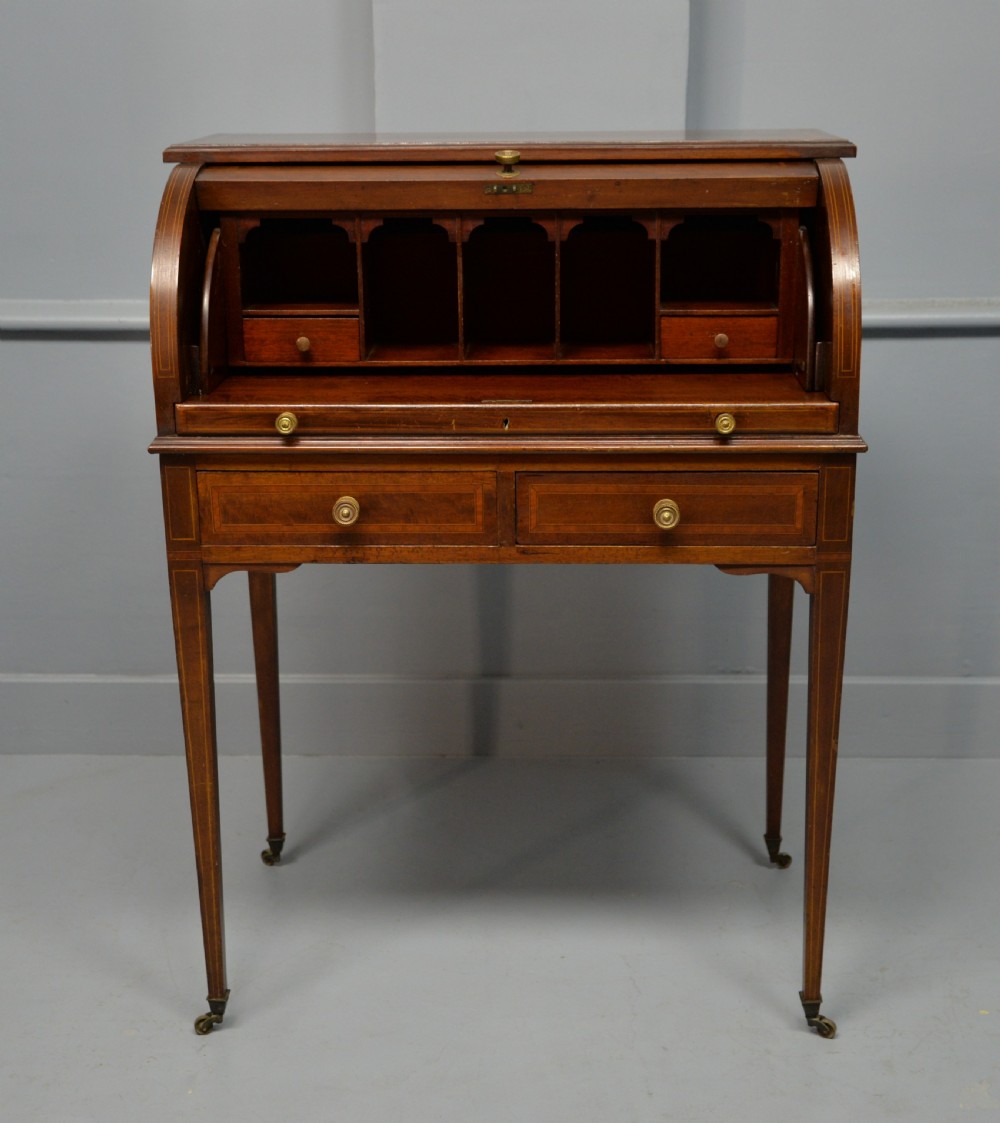 Edwardian Sheraton Revival Mahogany Cylinder Roll Top Desk View IV