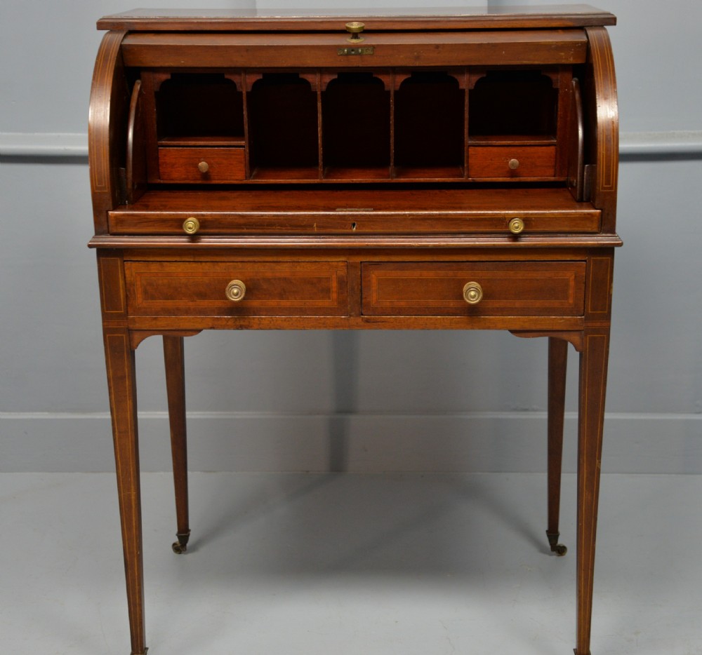 Edwardian Sheraton Revival Mahogany Cylinder Roll Top Desk View V