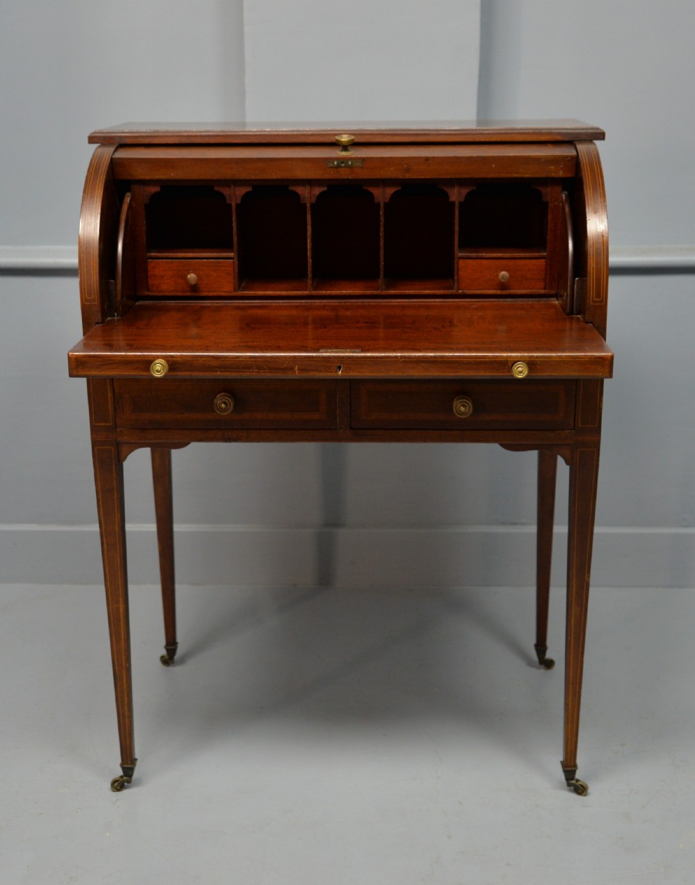 Edwardian Sheraton Revival Mahogany Cylinder Roll Top Desk View VII