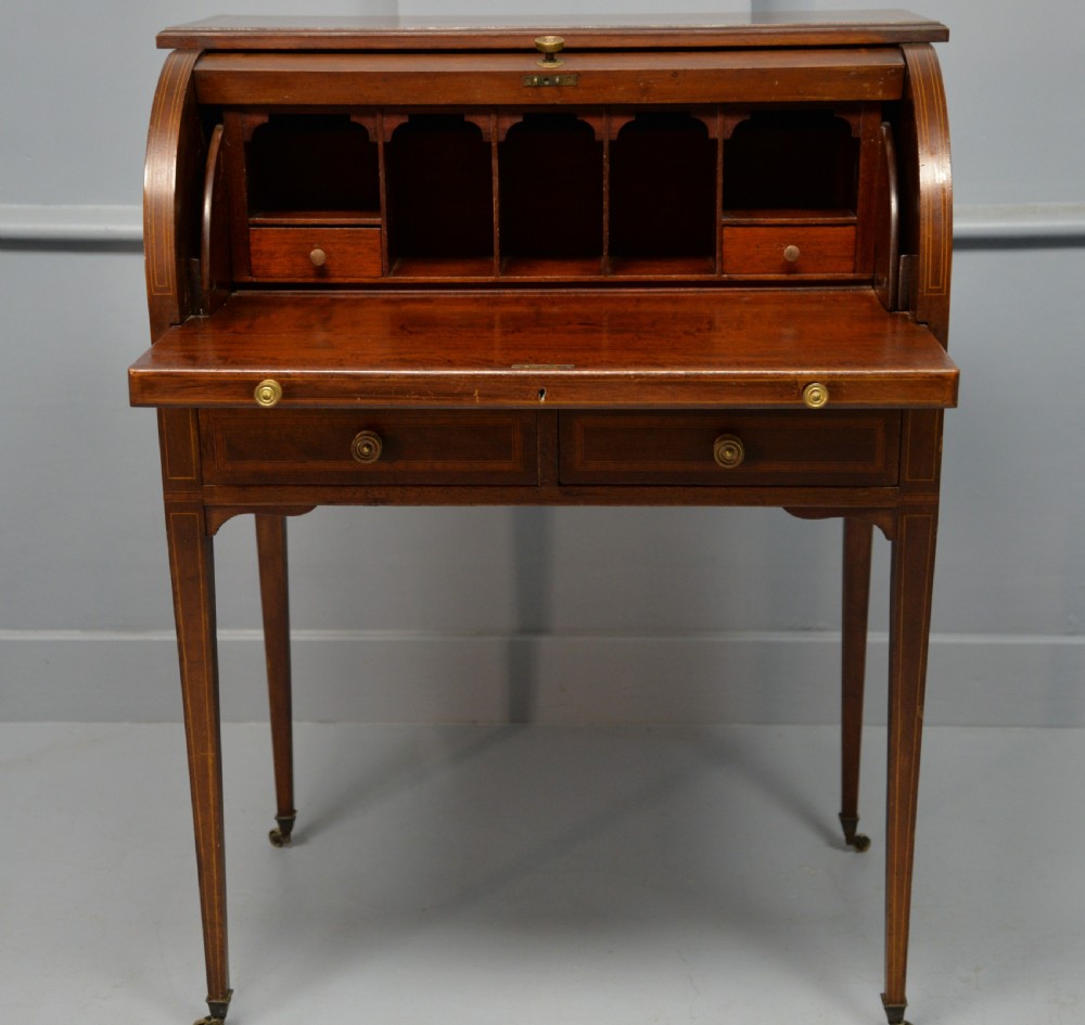 Edwardian Sheraton Revival Mahogany Cylinder Roll Top Desk View VIII
