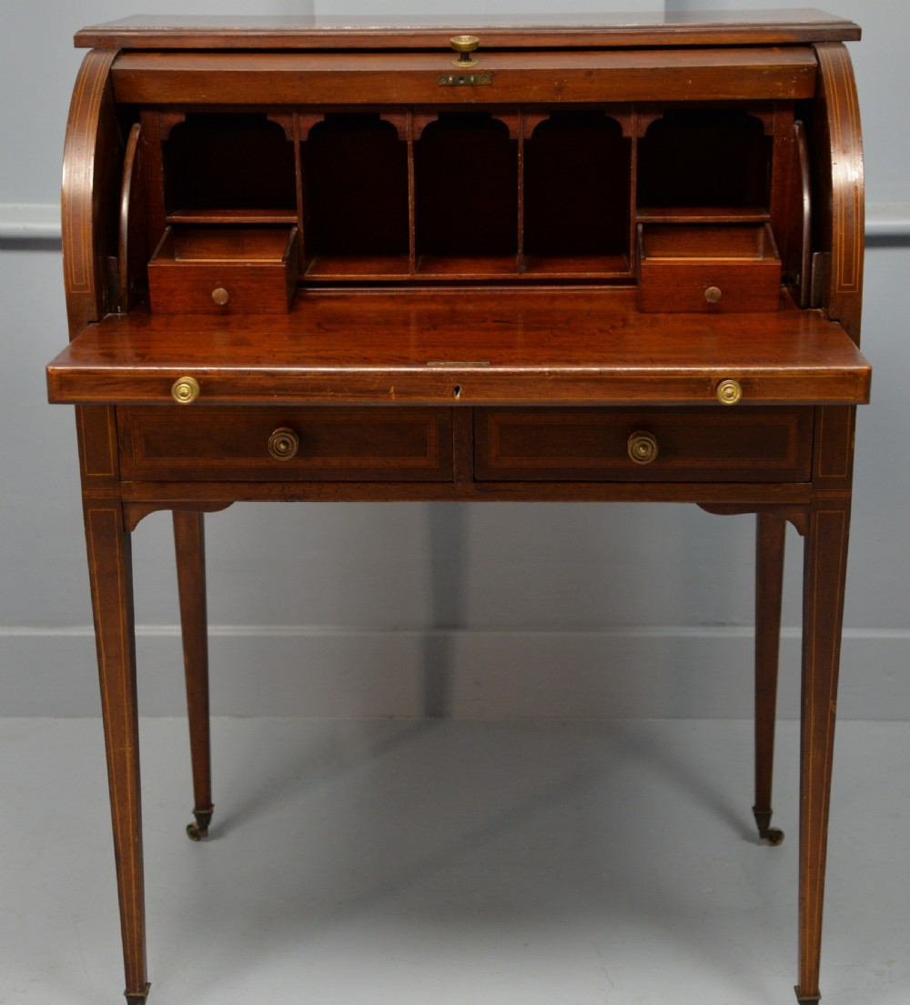 Edwardian Sheraton Revival Mahogany Cylinder Roll Top Desk View IX