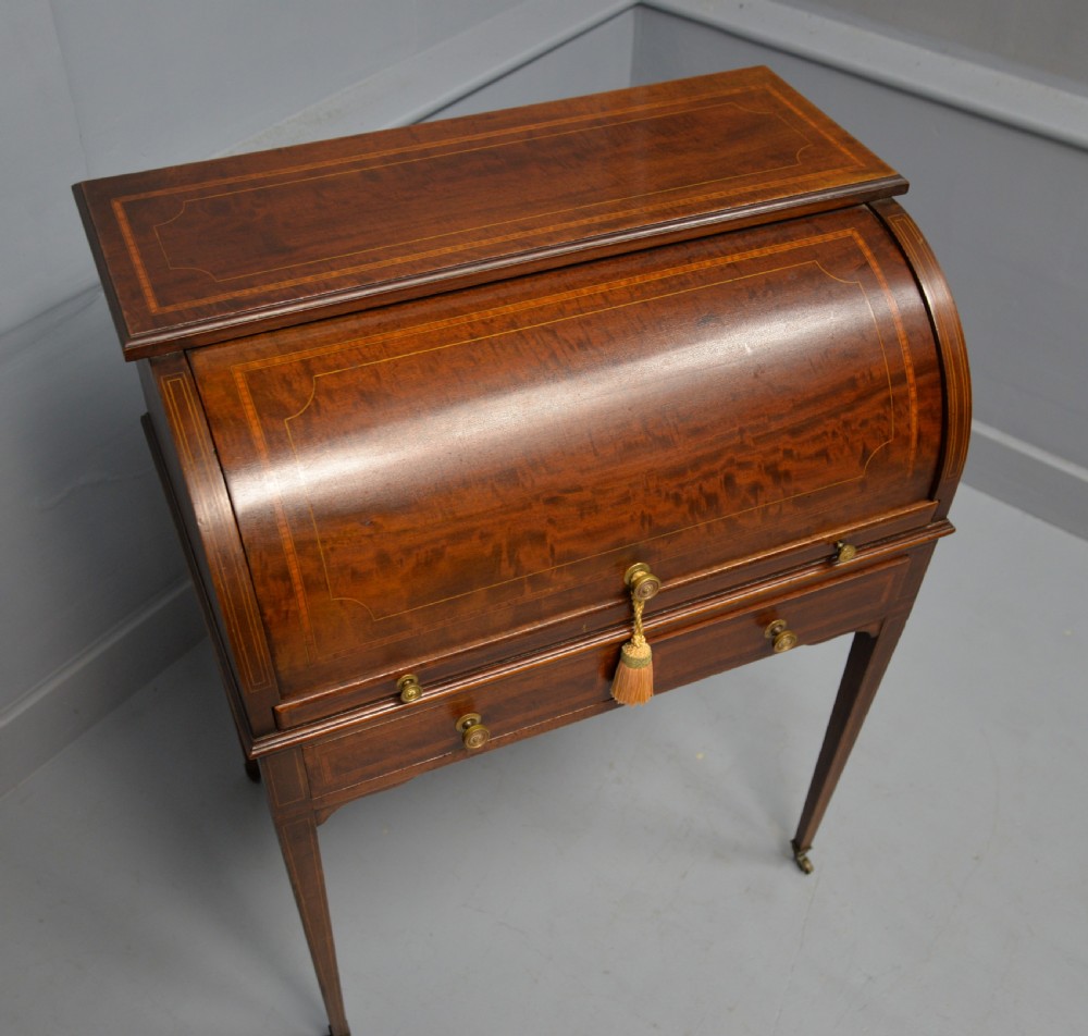 Edwardian Sheraton Revival Mahogany Cylinder Roll Top Desk View XIII