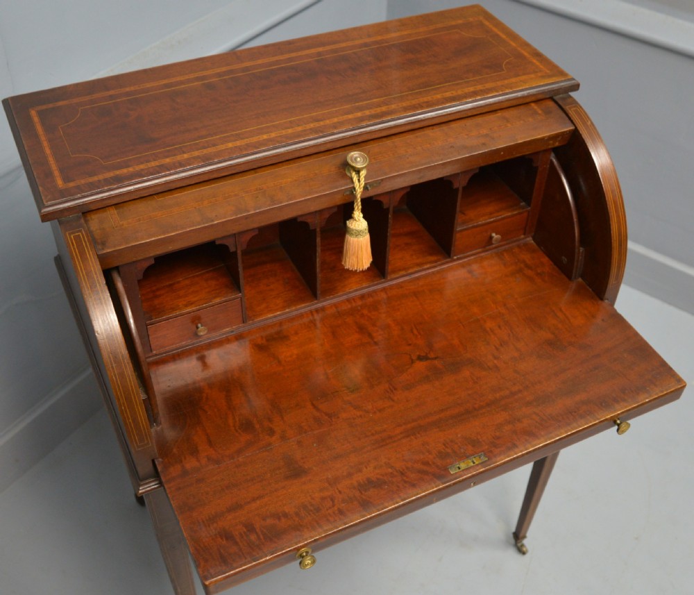 Edwardian Sheraton Revival Mahogany Cylinder Roll Top Desk View XIV