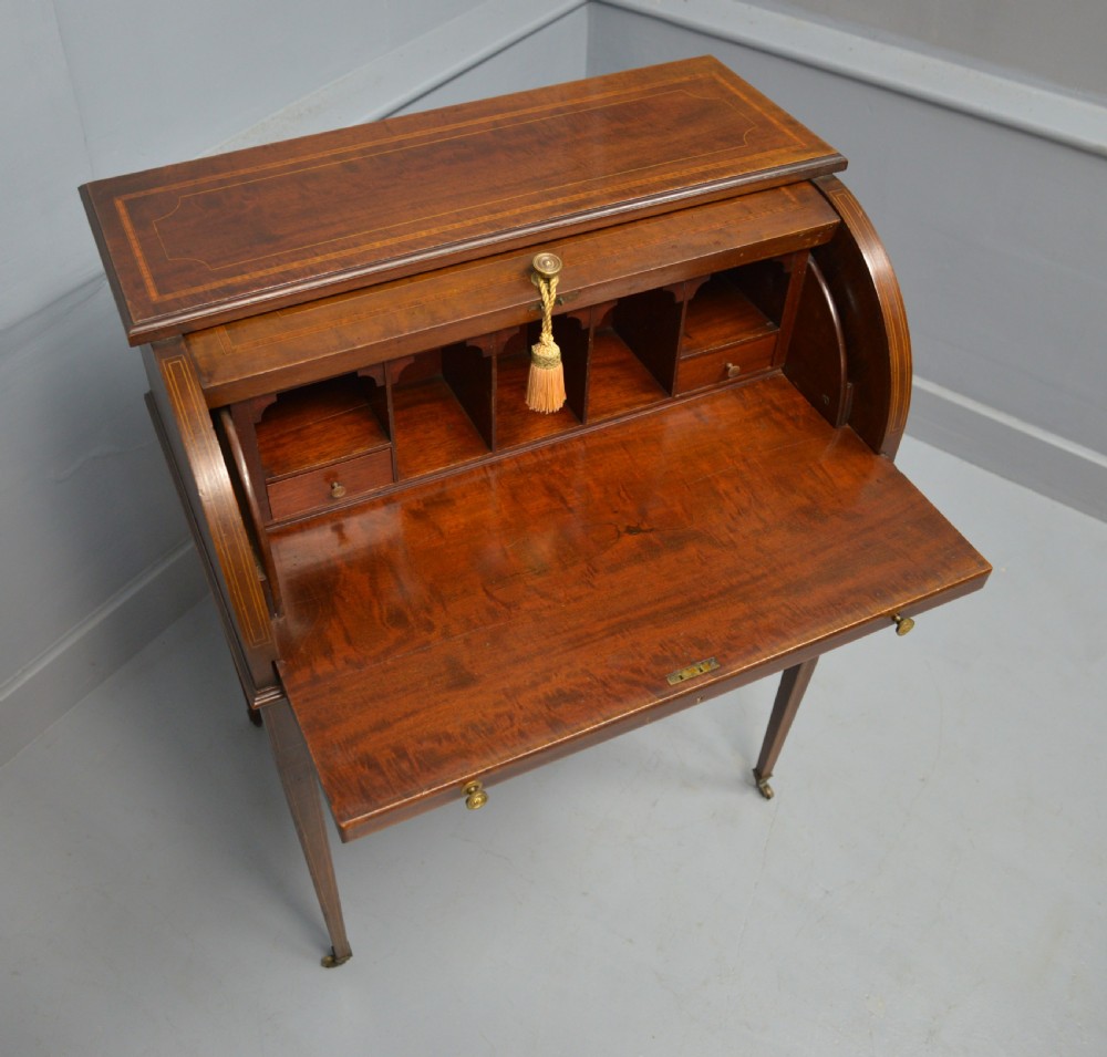 Edwardian Sheraton Revival Mahogany Cylinder Roll Top Desk View XV