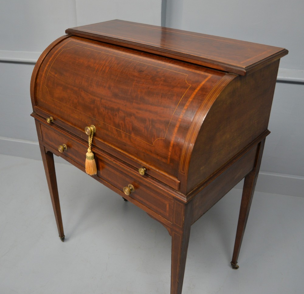 Edwardian Sheraton Revival Mahogany Cylinder Roll Top Desk View XVI