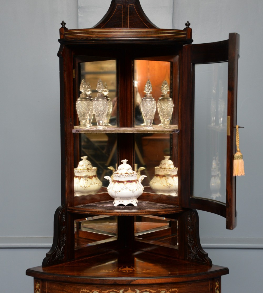 Sheraton Revival Rosewood Marquetry Inlaid Corner Display Cabinet View III