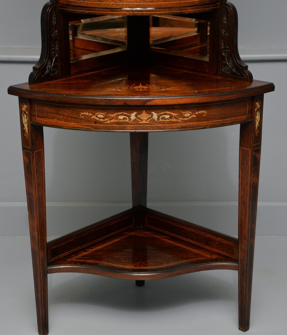 Sheraton Revival Rosewood Marquetry Inlaid Corner Display Cabinet View IV
