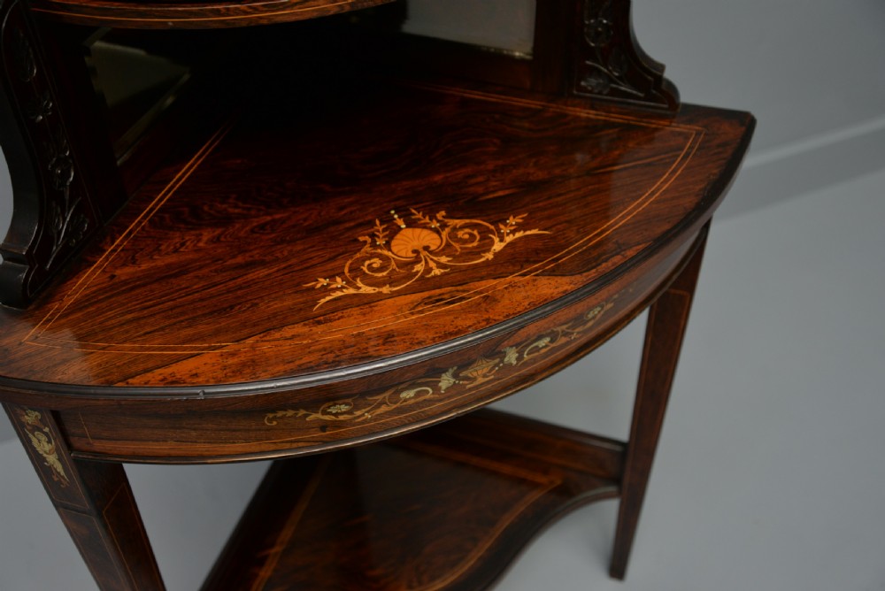 Sheraton Revival Rosewood Marquetry Inlaid Corner Display Cabinet View XII