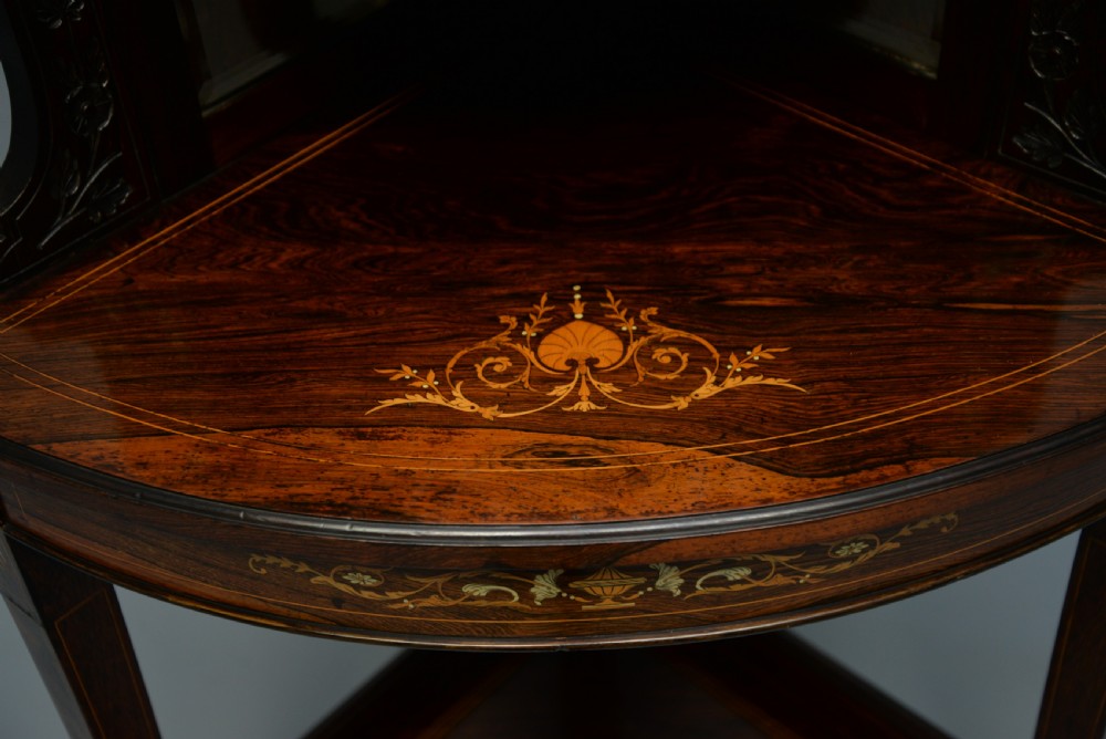 Sheraton Revival Rosewood Marquetry Inlaid Corner Display Cabinet View XIV