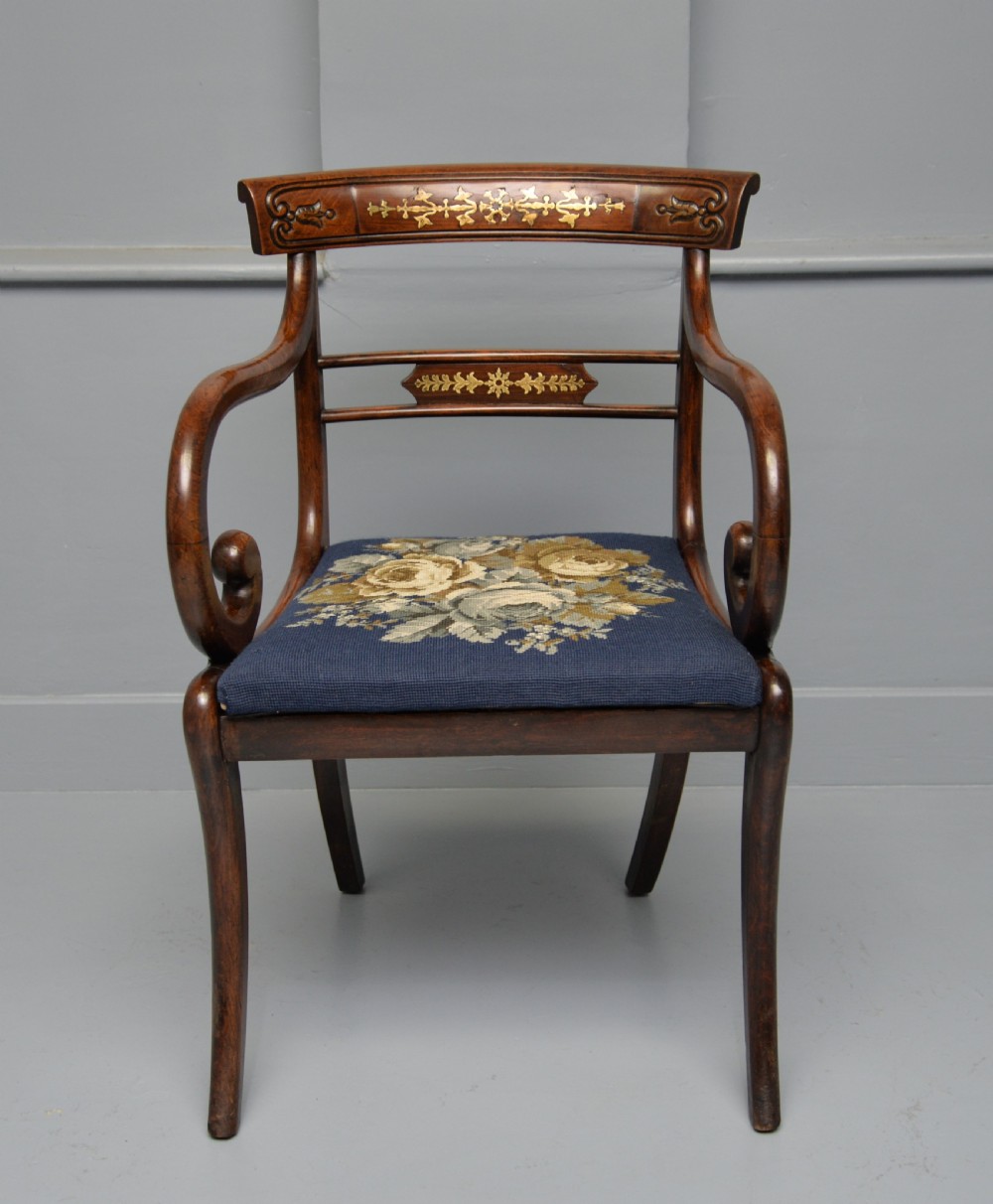 Regency Brass Inlaid Mahogany Elbow Desk Chair View II