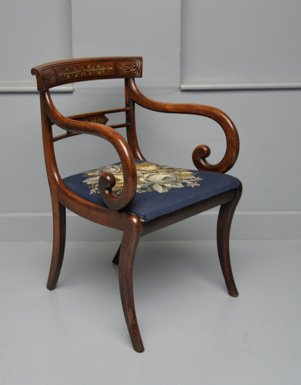 Regency Brass Inlaid Mahogany Elbow Desk Chair View III