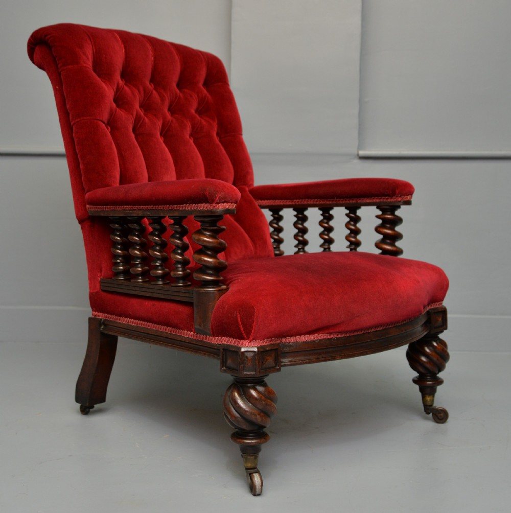 Victorian Mahogany Frame Red Velvet Library Armchair