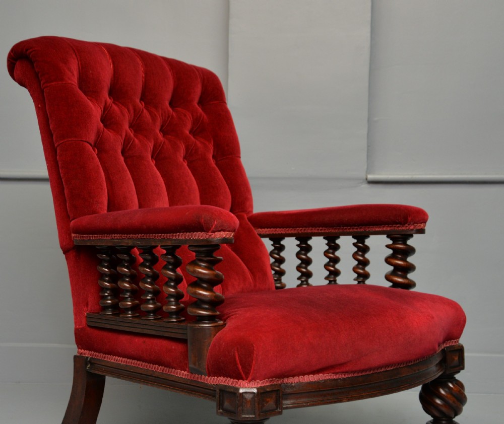 Victorian Mahogany Frame Red Velvet Library Armchair View II