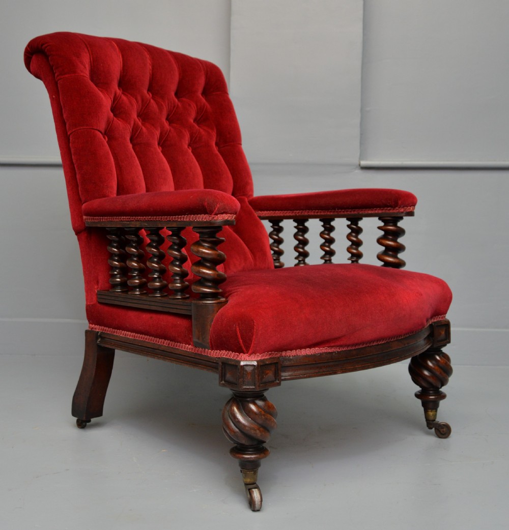 Victorian Mahogany Frame Red Velvet Library Armchair View III