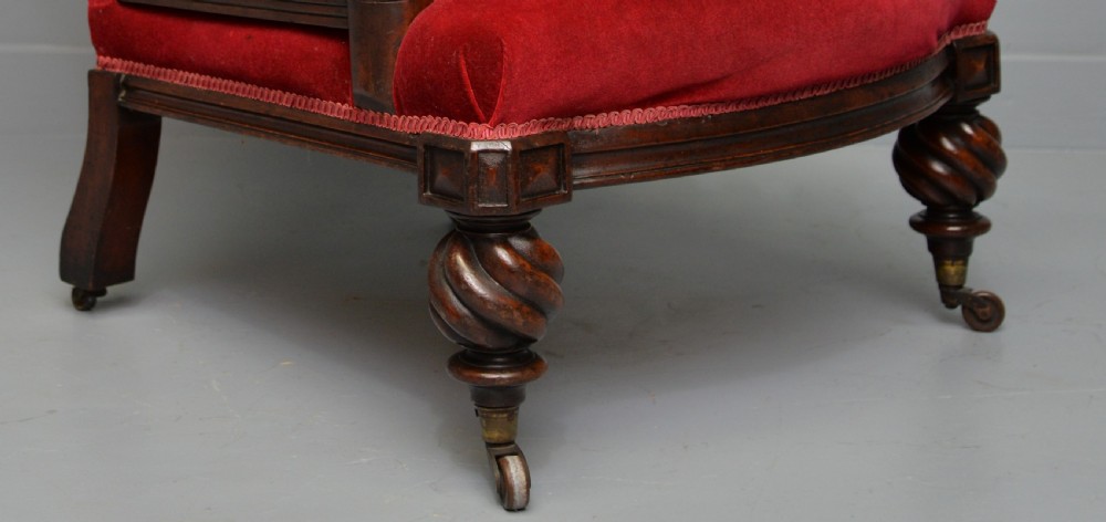 Victorian Mahogany Frame Red Velvet Library Armchair View V
