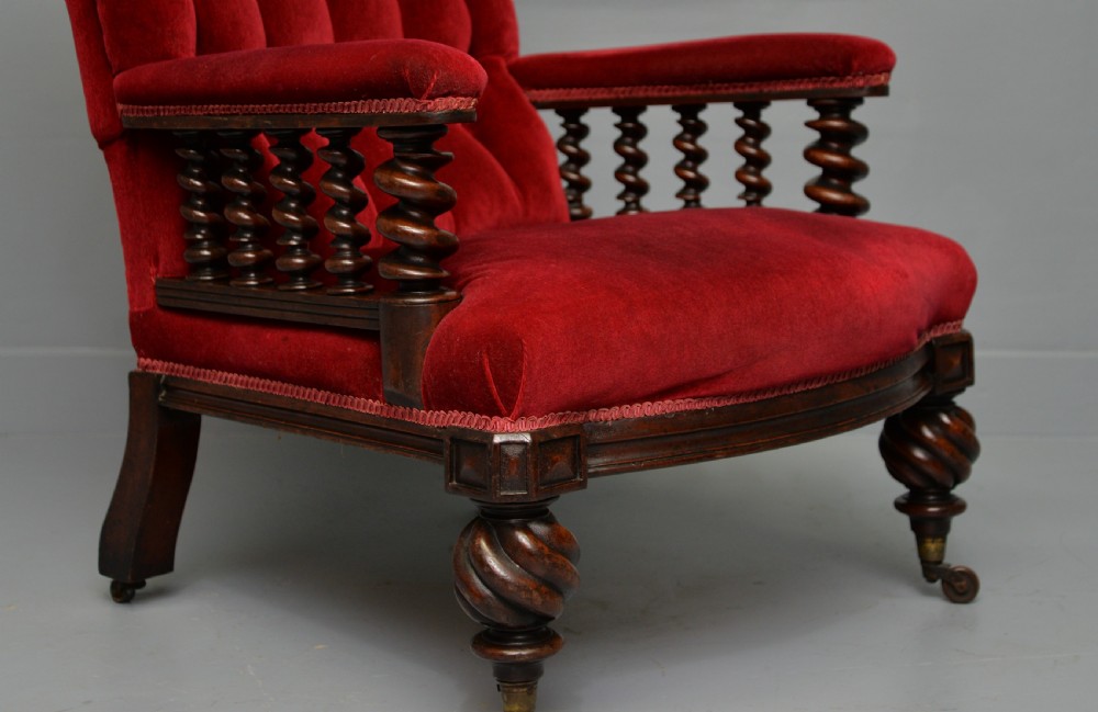 Victorian Mahogany Frame Red Velvet Library Armchair View VI