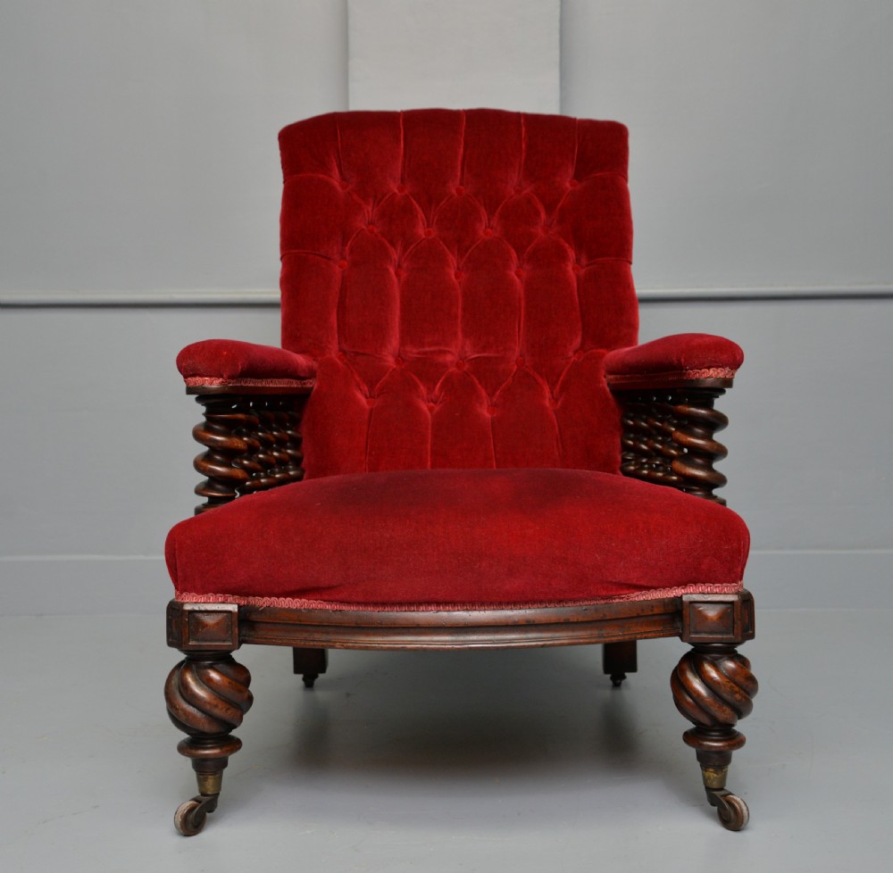 Victorian Mahogany Frame Red Velvet Library Armchair View VII