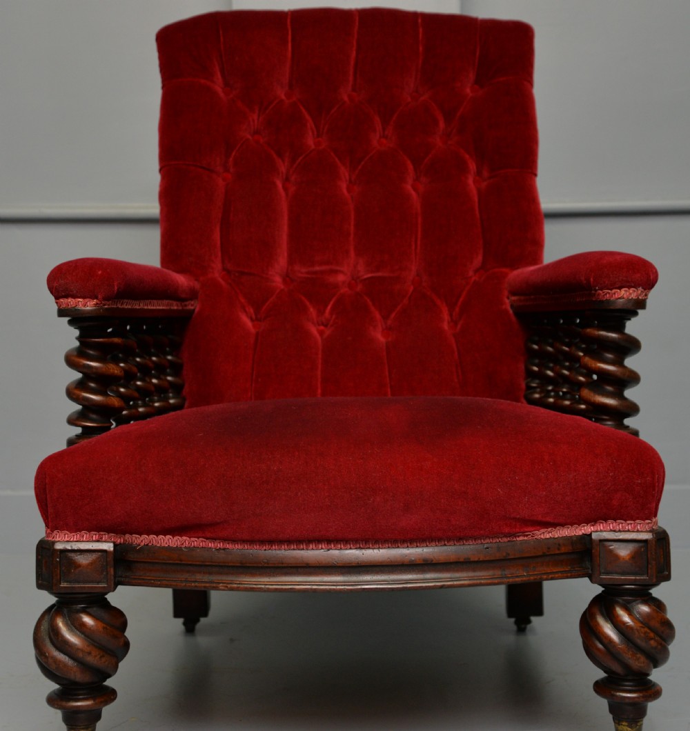 Victorian Mahogany Frame Red Velvet Library Armchair View VIII