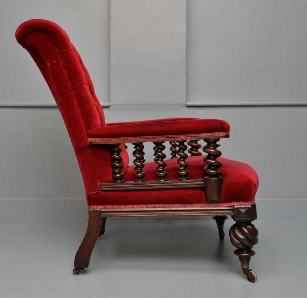 Victorian Mahogany Frame Red Velvet Library Armchair View IX