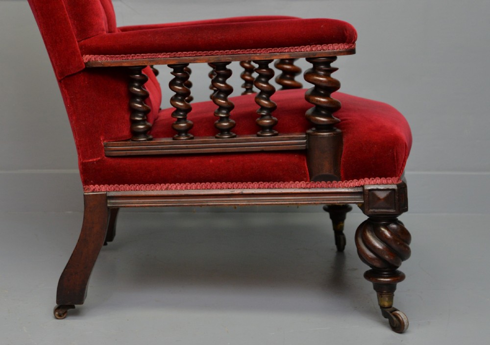 Victorian Mahogany Frame Red Velvet Library Armchair View X