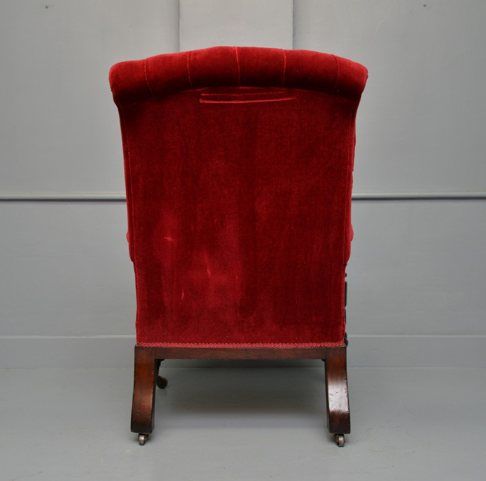 Victorian Mahogany Frame Red Velvet Library Armchair View XI