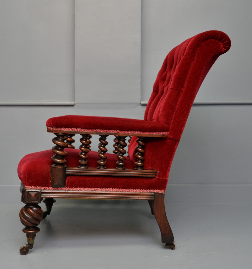 Victorian Mahogany Frame Red Velvet Library Armchair View XII
