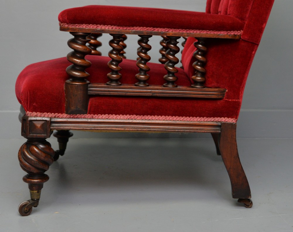 Victorian Mahogany Frame Red Velvet Library Armchair View XIII