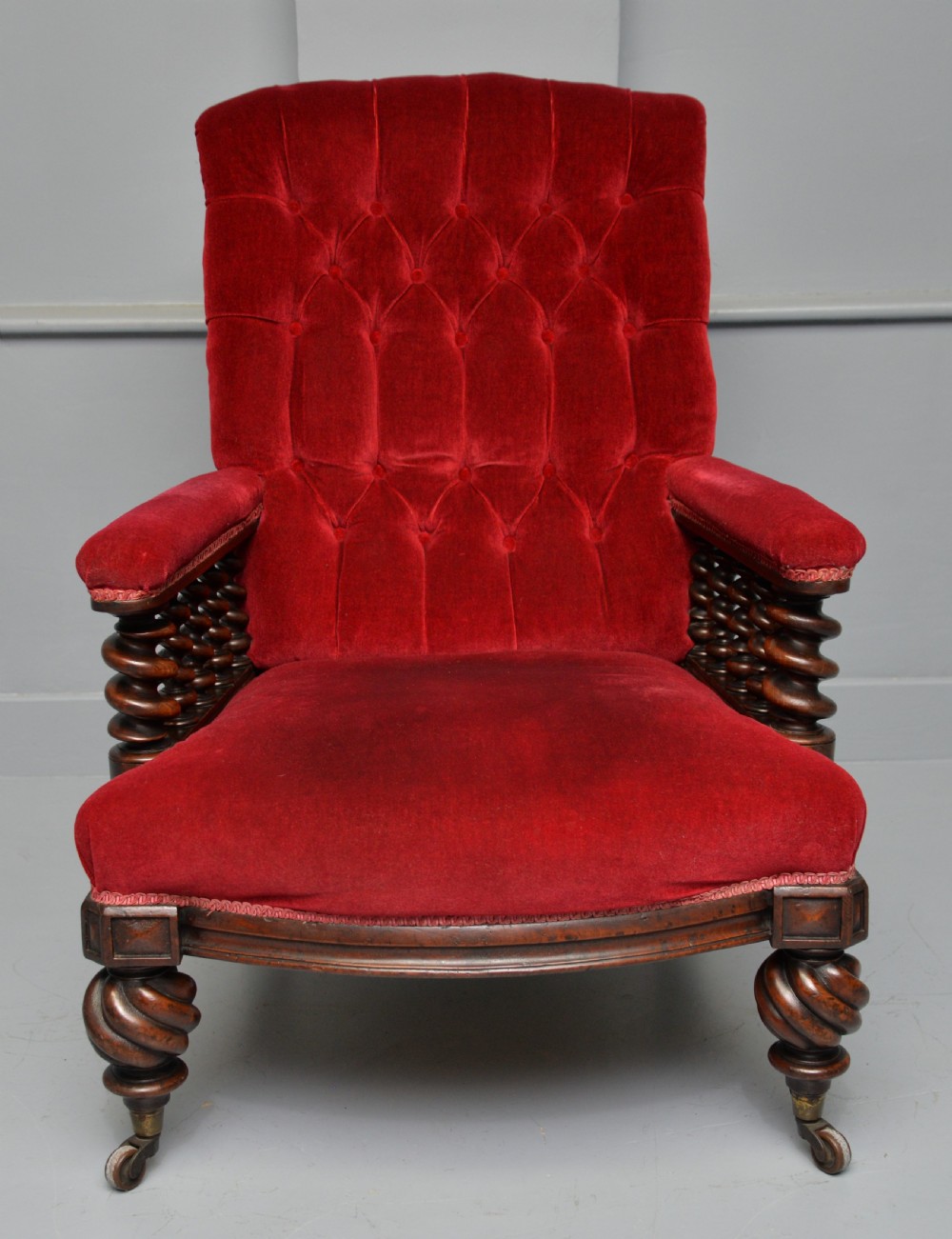 Victorian Mahogany Frame Red Velvet Library Armchair View XVI