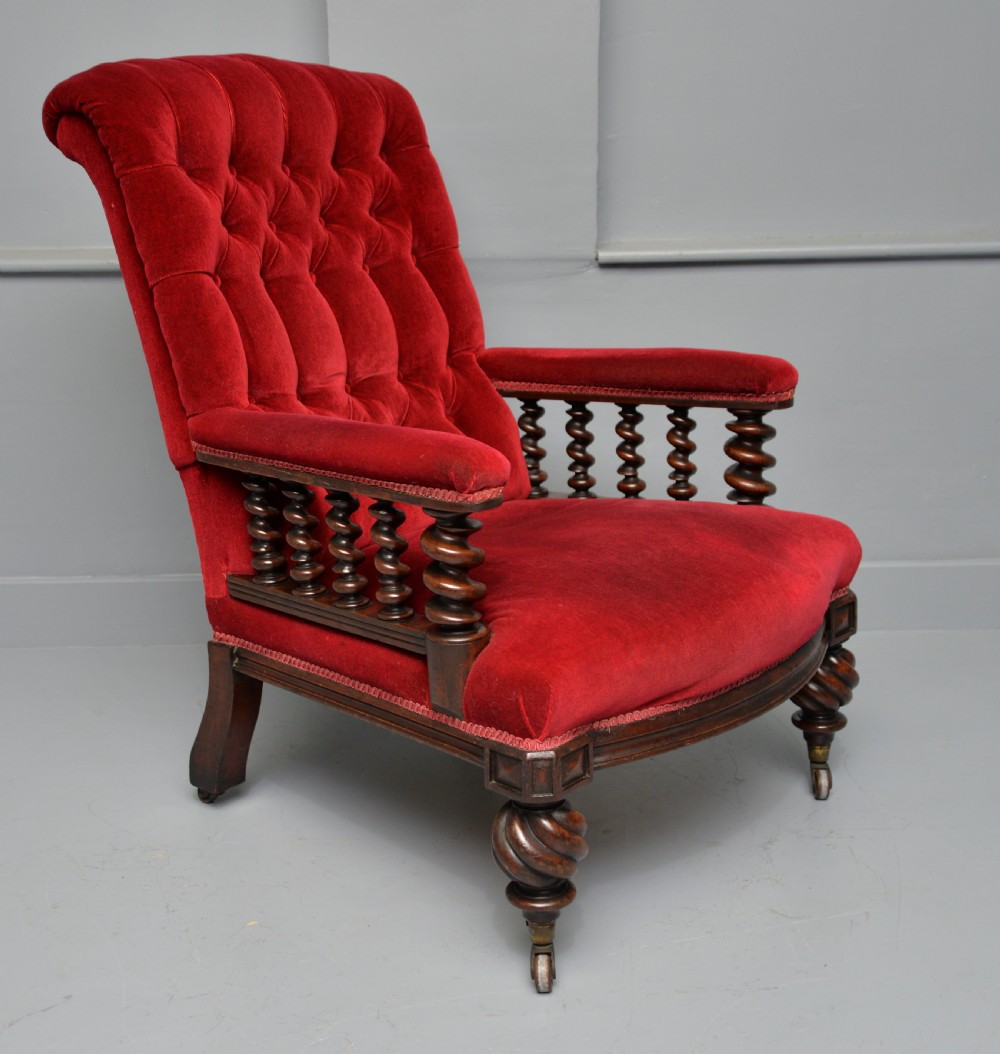 Victorian Mahogany Frame Red Velvet Library Armchair View XVII
