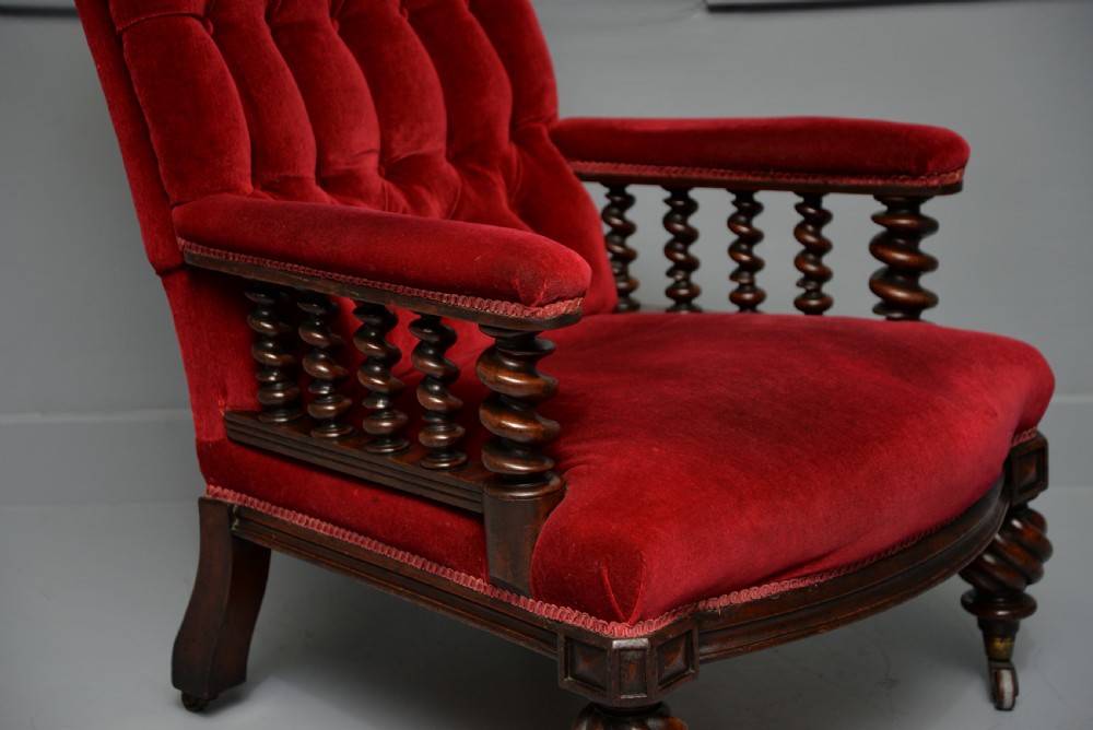 Victorian Mahogany Frame Red Velvet Library Armchair View XVIII
