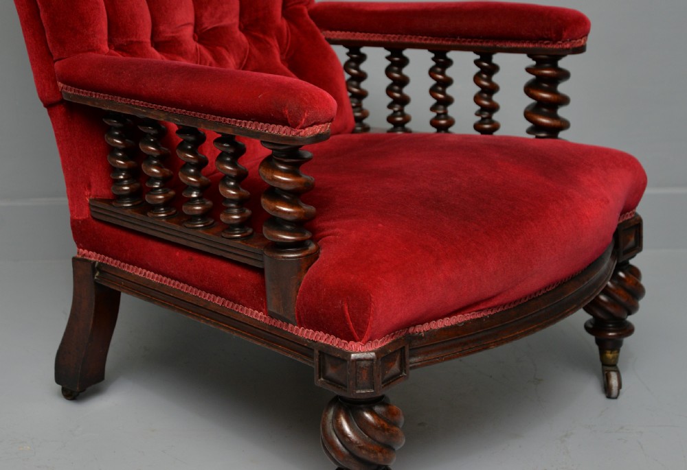 Victorian Mahogany Frame Red Velvet Library Armchair View XIX