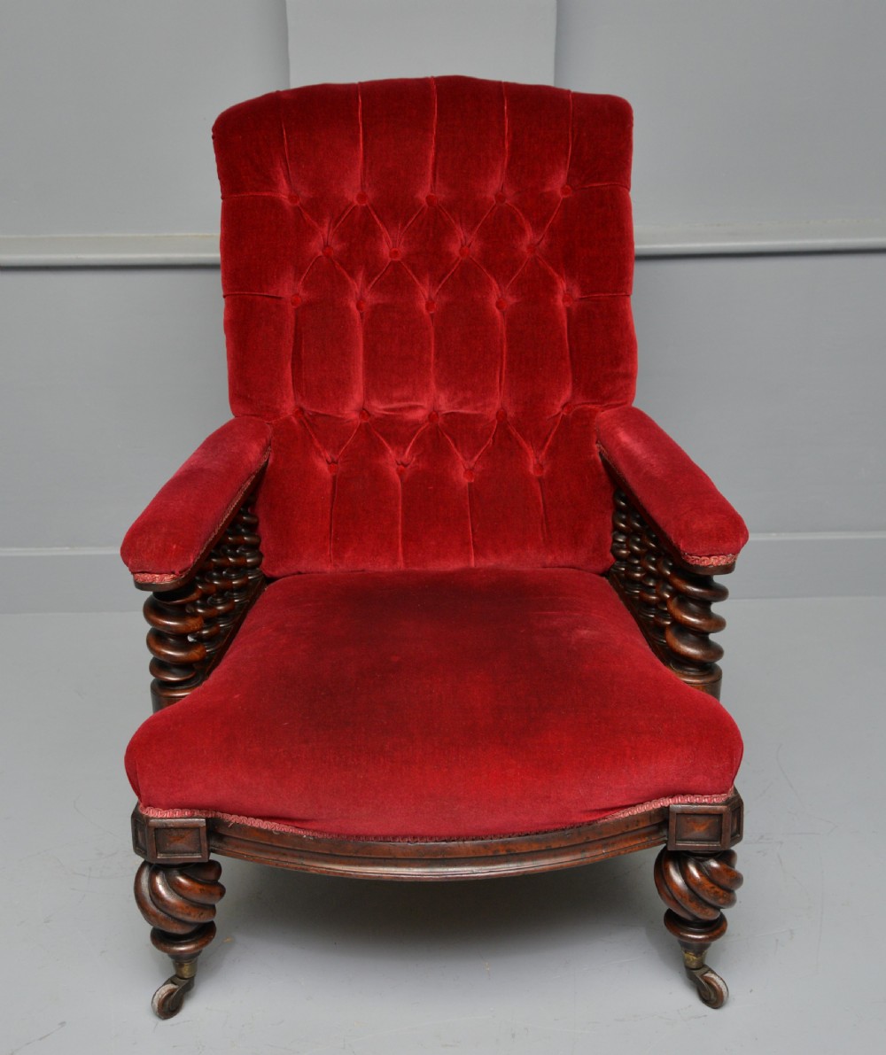 Victorian Mahogany Frame Red Velvet Library Armchair View XX