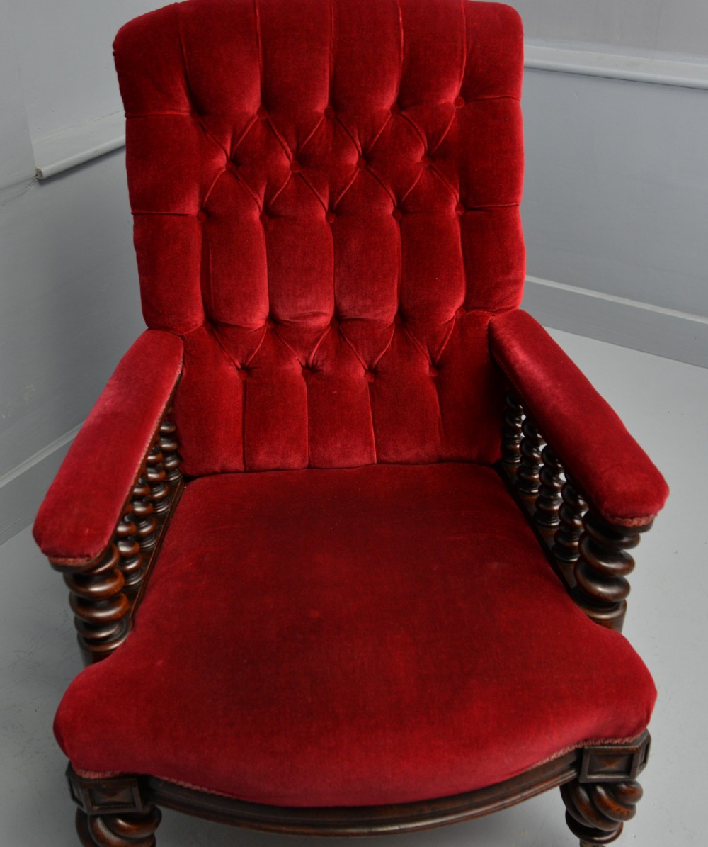 Victorian Mahogany Frame Red Velvet Library Armchair View XXII