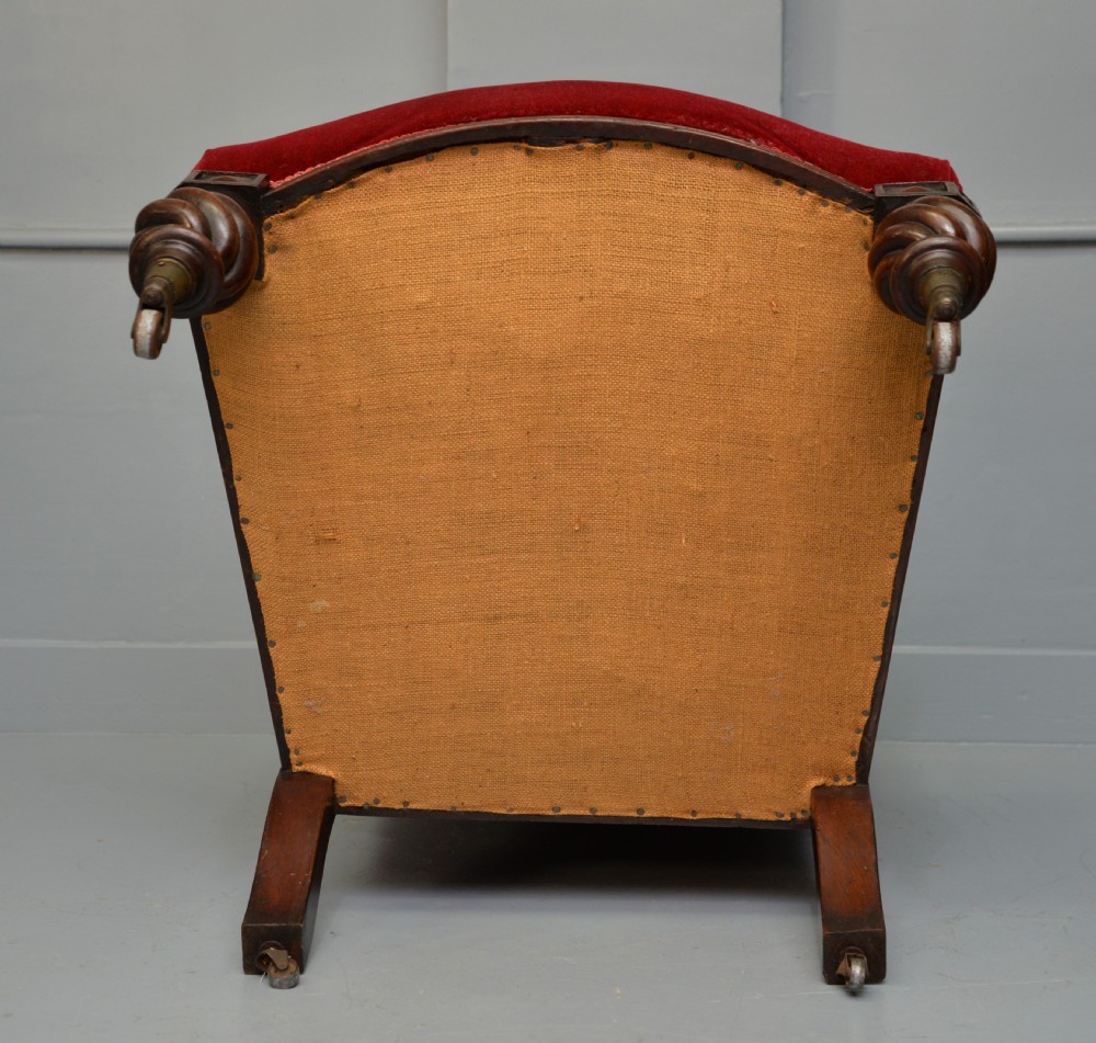 Victorian Mahogany Frame Red Velvet Library Armchair View XXIII