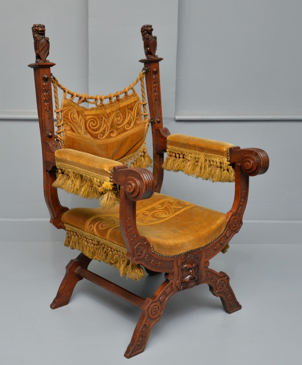 Charming Renaissance Revival Carved Oak X Frame Chair