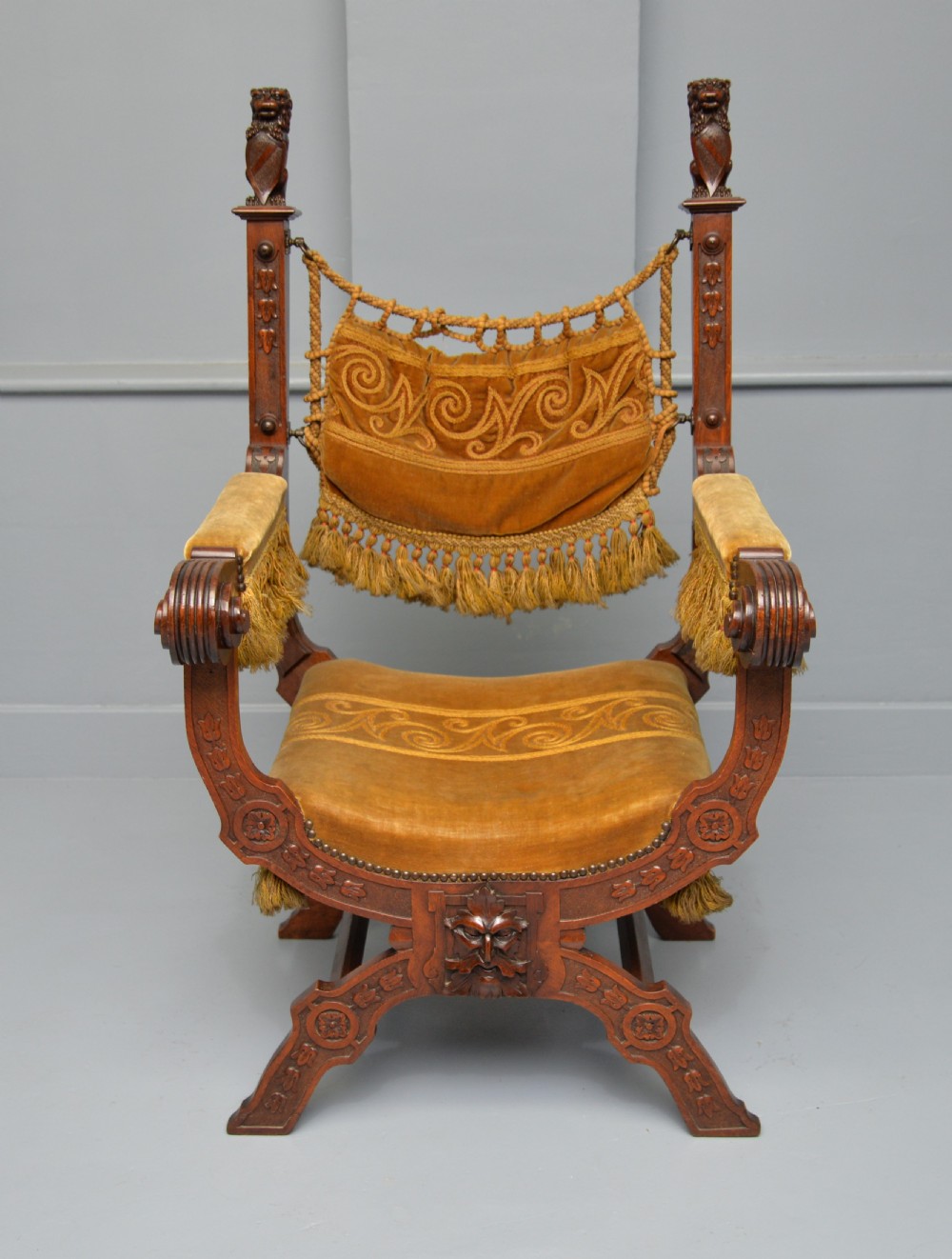 Charming Renaissance Revival Carved Oak X Frame Chair View II