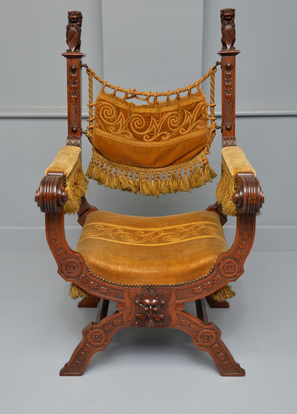 Charming Renaissance Revival Carved Oak X Frame Chair View III