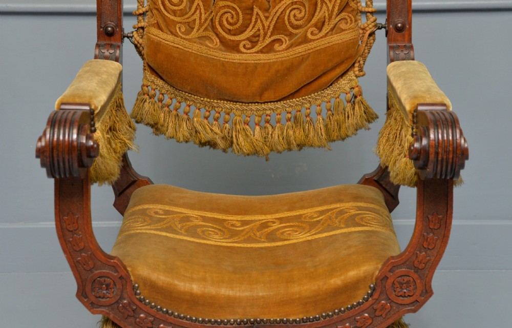 Charming Renaissance Revival Carved Oak X Frame Chair View V