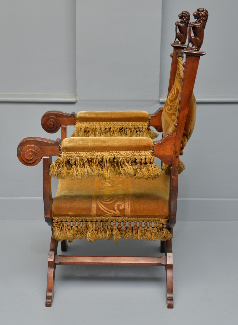 Charming Renaissance Revival Carved Oak X Frame Chair View X