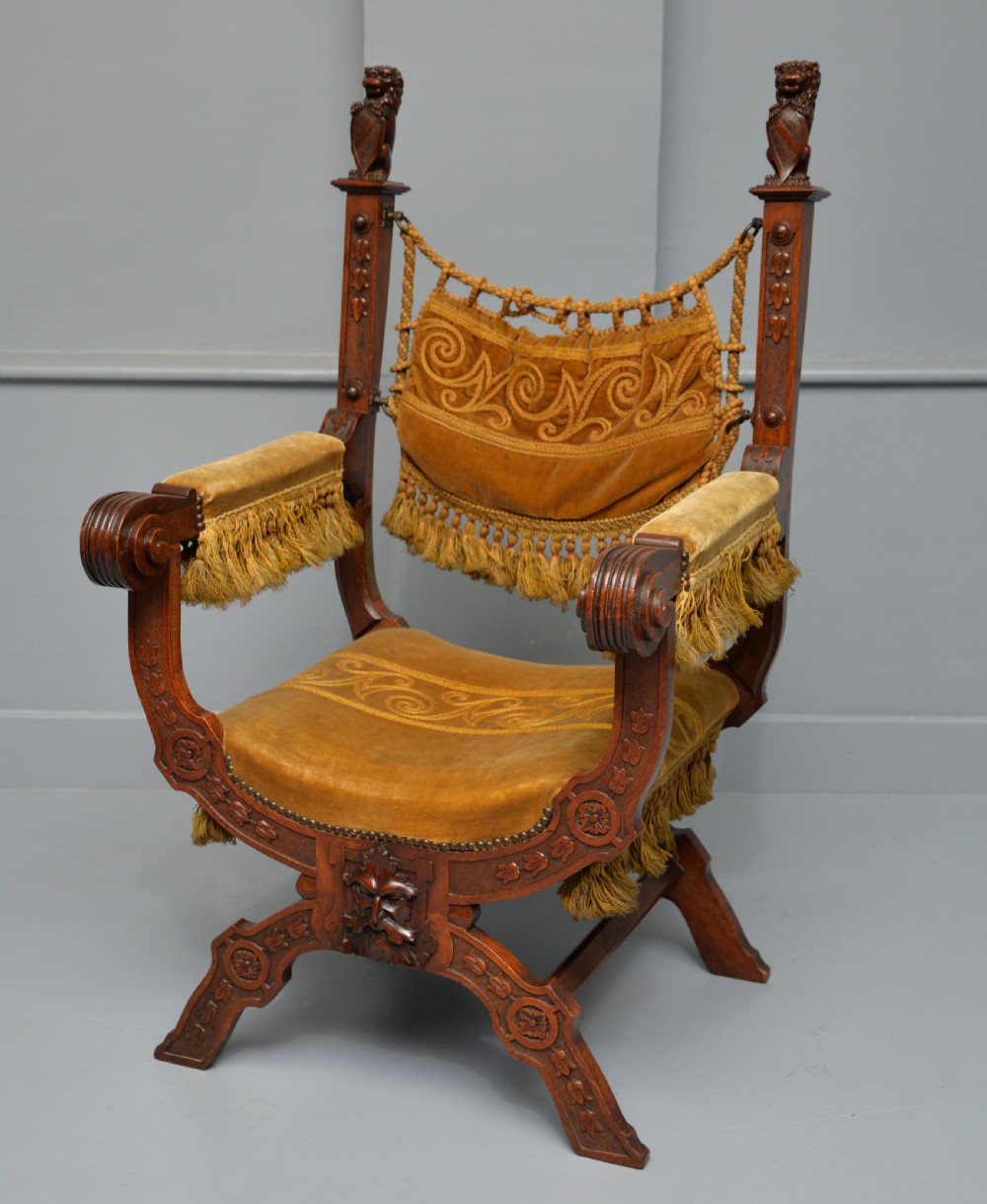 Charming Renaissance Revival Carved Oak X Frame Chair View XII