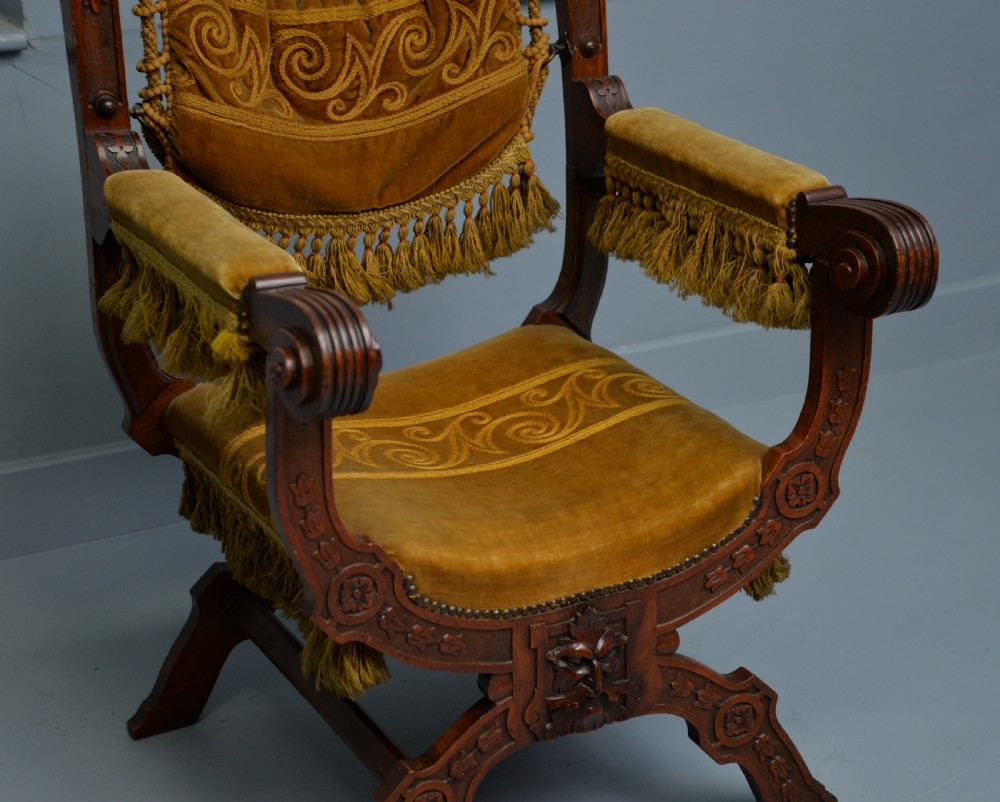 Charming Renaissance Revival Carved Oak X Frame Chair View XIII