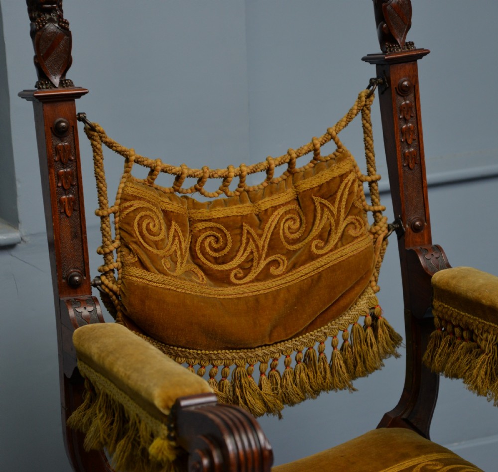 Charming Renaissance Revival Carved Oak X Frame Chair View XIV