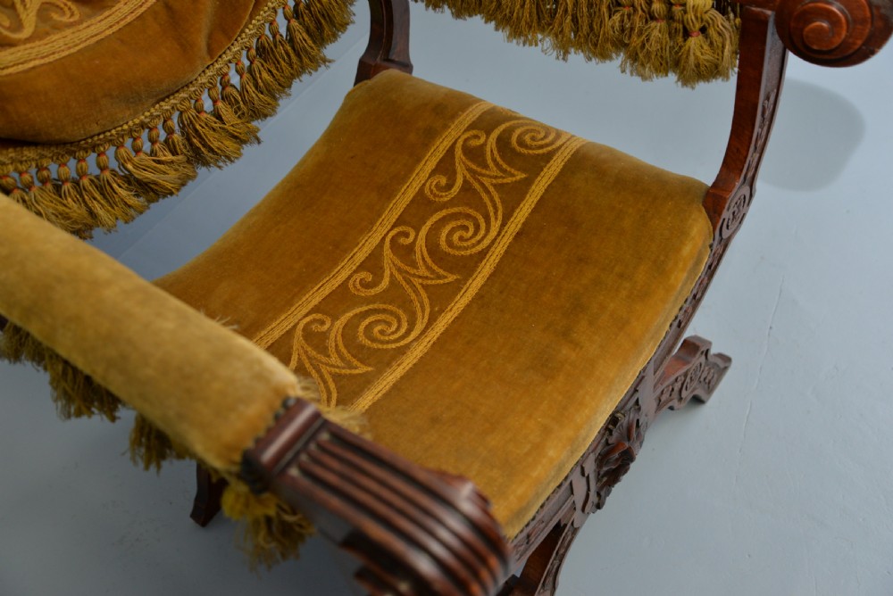 Charming Renaissance Revival Carved Oak X Frame Chair View XVI