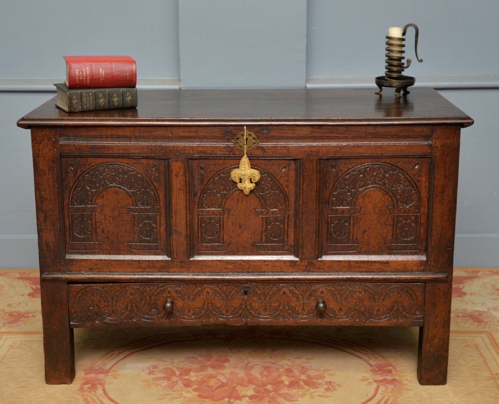 Charming 17th Century Carved Oak Mule Chest