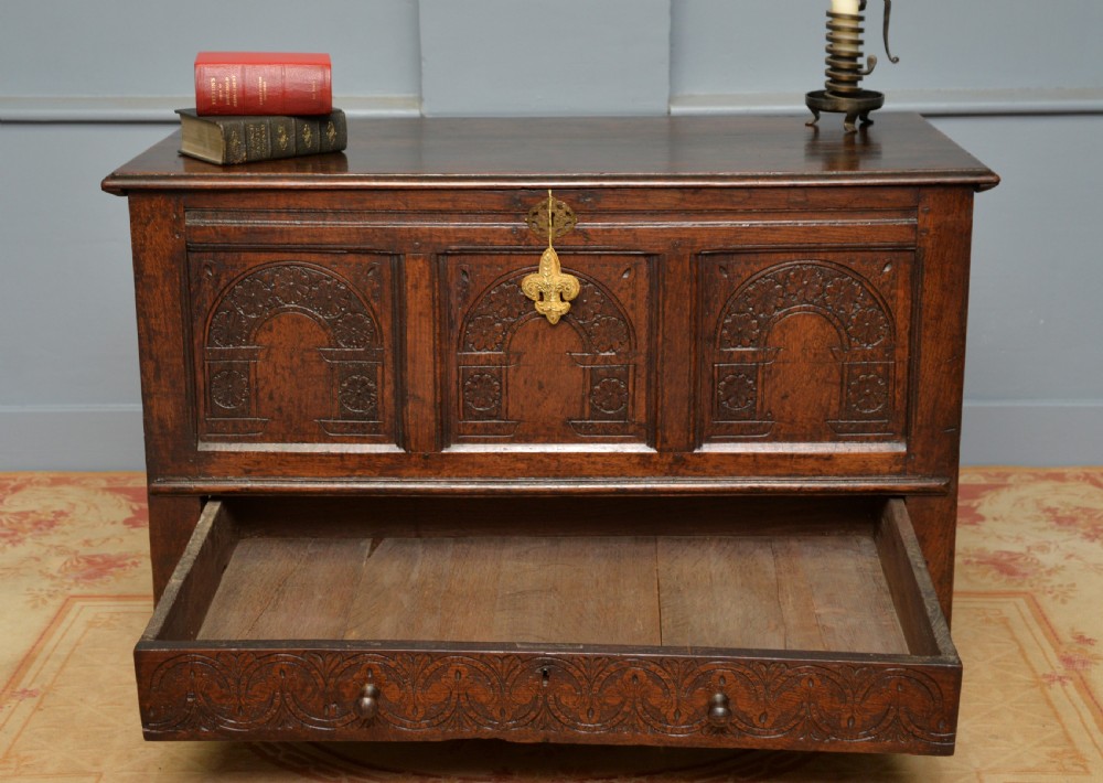 Charming 17th Century Carved Oak Mule Chest View II