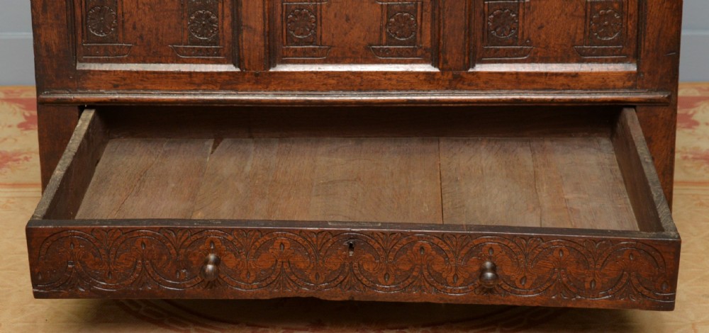 Charming 17th Century Carved Oak Mule Chest View III