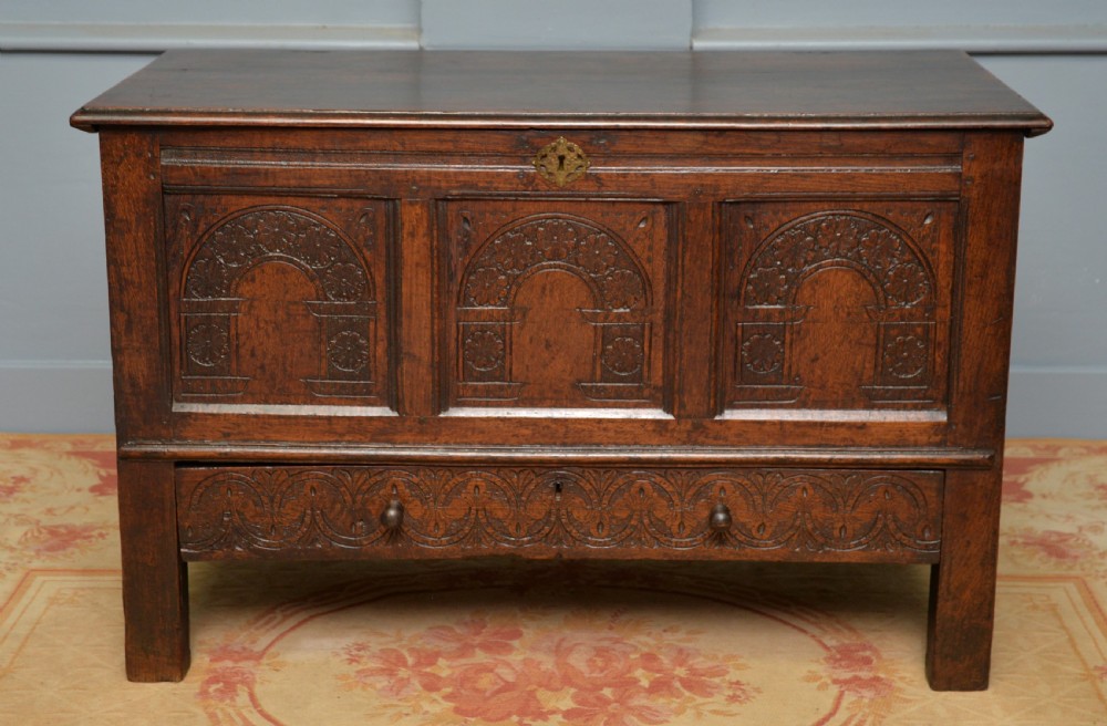 Charming 17th Century Carved Oak Mule Chest View V